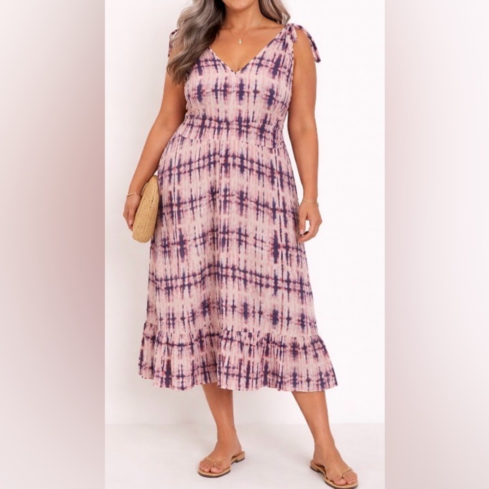 TIME & TRU Pink and Purple Tie-Dye Cotton Tiered Midi Dress Size XL